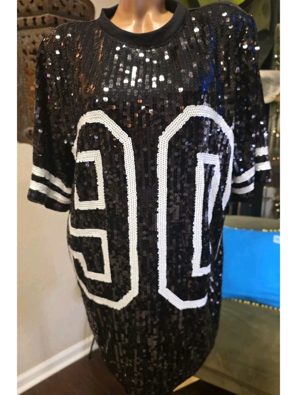 WHY DRESS Sequin Jersey T-Shirt Dress Black White 90 Game Day Gameday O/S